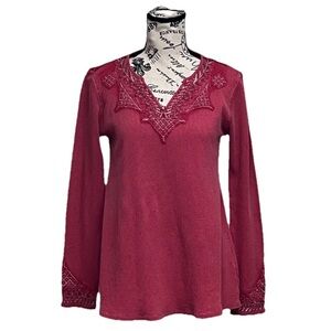 Soft Surroundings Waffle Thermal Embroidered Boho Hippie Preppy Pink Coastal PXS